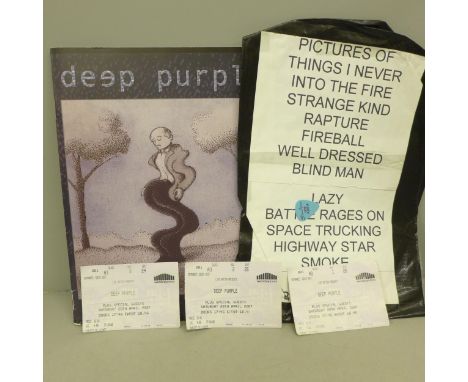 A Deep Purple tour programme, set list, three tickets and a Steve Morse plectrum