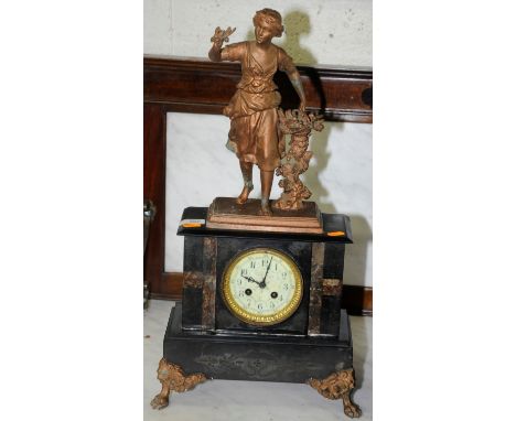 French black slate and marble mantel clock with gilt mounts crested with a figure of a lady 