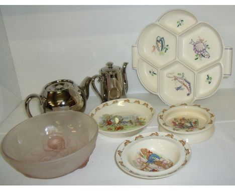 Three Royal Doulton Bunnykins nursery ware dishes, Royal Worcester lustre ware tea pot and hot water jug, Poole Pottery hor d