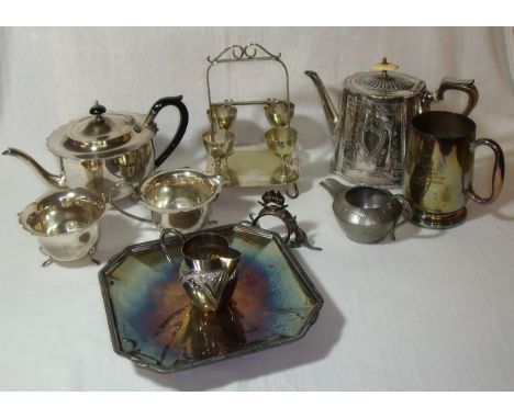 Selection of silver plate including three piece tea set, tankard, tray, Australian napkin ring, egg cruet, teapot with bright