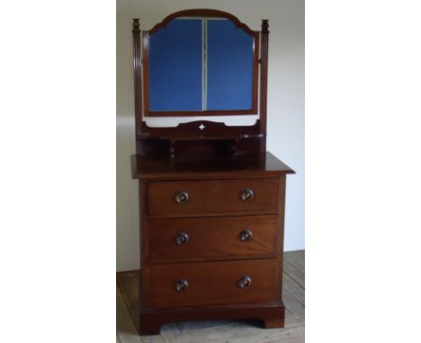 Ealy to mid 20th C mahogany dressing table chest with raised mirror back above galley shelf and three drawers on bracket feet