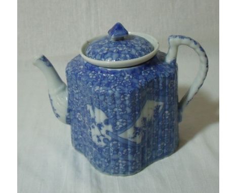 18th / 19th C blue and white teapot with internal drainer transfer printed prunus style pattern