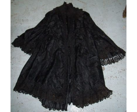 Victorian embroidered damask frock style coat with lace fringing to the sleeves, lace work dress with long sleeves and full s