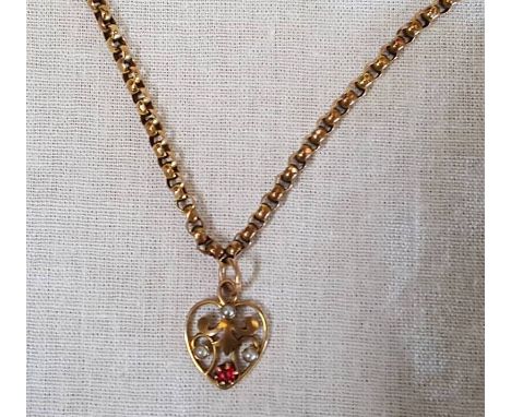 9ct rose gold belcher chain with 9ct rose gold seed pearl and ruby pendant (total weight 11 grams)