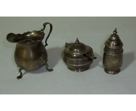 Silver hallmarked (Birmingham 1903) cream jug with makers W.A, silver hallmarked (Birmingham 1922) pepper pot and mustard pot