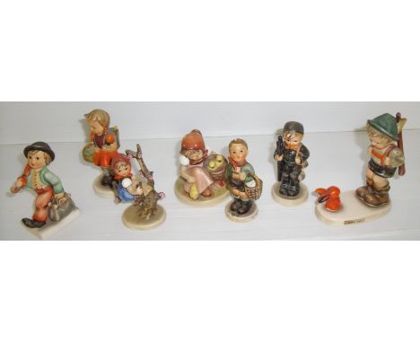 Seven Hummel figurines including Apple Tree Girl, Merry Wanderer, Chick Girl, Sensitive Hunter, Village Boy, Chimney Sweep an