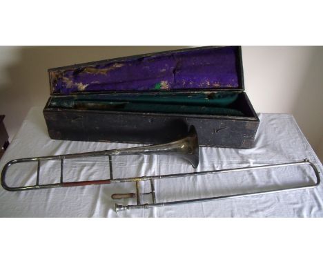 19th C cased silver plated trombone by Boosey & Co Makers 295 Regent Street London No. 20156 in original fitted lacquered woo