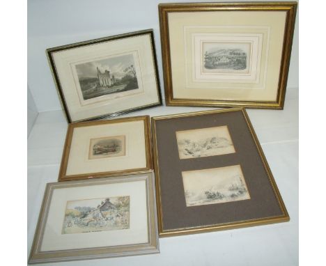 Gilt framed engraving 'St Lawrence's College Ampleforth Near York' by J Chapman of York, small framed (unglazed) two pencil d