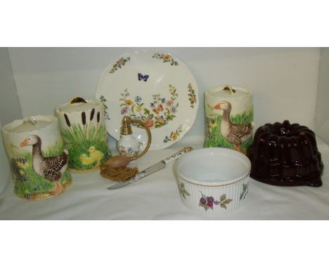 Three Border Fine Arts James Herriots Country Kitchen cannisters, Aynsley cake plate, knife and atomiser, ceramic jelly mould