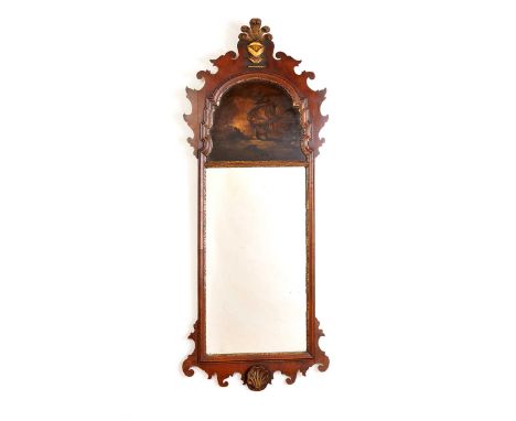 ANTIQUE MAHOGANY PIER MIRROR WITH PRINCE OF WALES CARVED FEATHERS MOTIF ON TOP AND CARVED SHELL BELOW WITH PAINTED PANEL ABOV