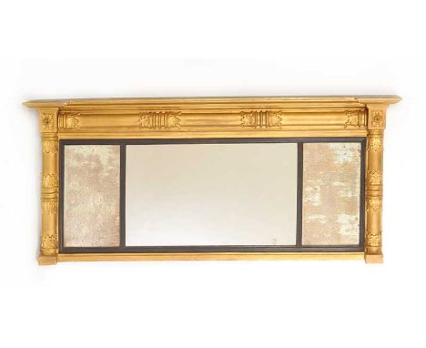 REGENCY 4 PANEL GILT OVERMANTLE. HEIGHT: 25 INCHES, WIDTH: 55 INCHES.LEFT & RIGHT PANEL: DISTRESSED GLASS. CENTRE PANEL IN GO