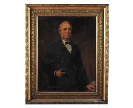 GILT FRAMED OIL PORTRAIT ON CANVAS. GENT WITH BOW TIE. 44 X 32 INCHESSLIGHT CRACKING MARKS TO CANVAS