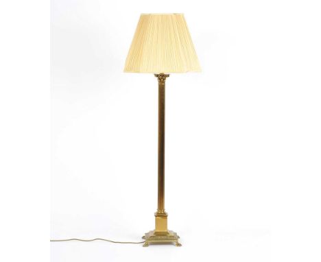 BRASS CORINTHIAN PILLAR STANDARD LAMP & SHADE ON SQUARE BASE WITH BALL & CHAIN FEET. HEIGHT: 49 INCHES.GOOD CONDITION. 