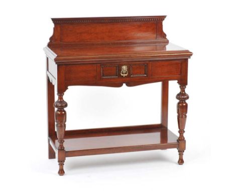 EDWARDIAN MAHOGANY HALL TABLE WITH FITTED DRAWER AND GALLERY BACK ON TURNED LEGS WITH SHELF UNDERNEATH. HEIGHT: 39 INCHES, WI