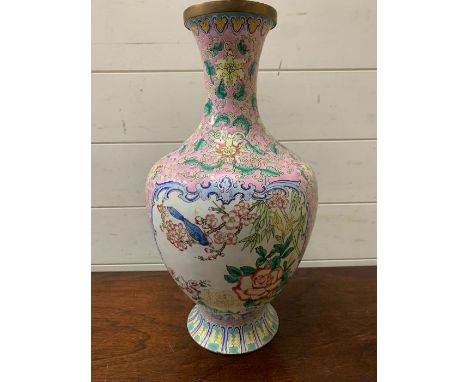 A floral enamel vase with brass rim (H37cm)