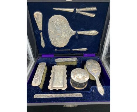 A Late 19th / Early 20th Century Chinese silver Ladies vanity set cased by Tuck Chang and Co to include, three brushes, comb,