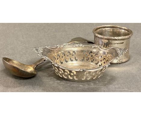 Three silver items to include a sauce ladle, napkin ring and pierced small bowl. (Total weight 68g)