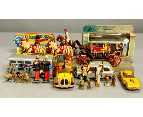 A selection of toy soldiers, boxed Matchbox bus, three unboxed vehicles and a Corgi comics Noddy's car 