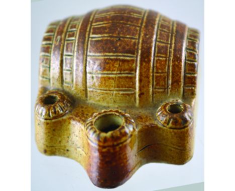 BARREL INKWELL. 1.75ins tall, 2.5ins wide, brown &amp; tan salt glaze, horizontal half barrel with central inkwell &amp; two 
