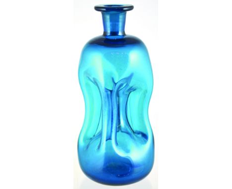 HOUR GLASS GIN BOTTLE. 7.5ins tall. Stunning bright blue glass, short neck with flared lip, hour glass shape.â€ˆGround pontil