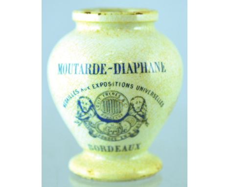 FRENCH MUSTARD POT. 3.75ins tall, white glaze, bluey black transfer MOUTARDE - DIAPHANE MEDAILLES AUX EXPOSITIONS UNIVERSELLE