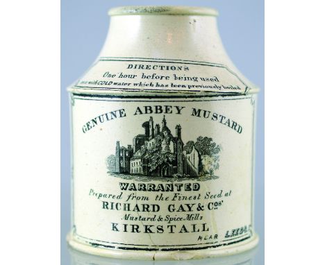 ABBEY MUSTARD JAR. 4.5ins tall, white glaze, black transfer GENUINE ABBEY MUSTARD/ WARRANTED/ PREPARED FROM THE FINEST SEED A