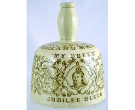 MY QUEEN WHISKY JUG. (WG pg 180) 8ins tall, mallet shape off white glaze, brown transfer THE CREAM OF/ HIGHLAND WHISKIES to s