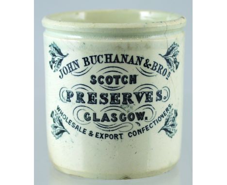 JOHN BUCHANAN & BROS PRESERVE JAR. 3.75ins tall, white glaze, black transfer JOHN BUCHANAN & BROS/ SCOTCH/ PRESERVES/ GLASGOW