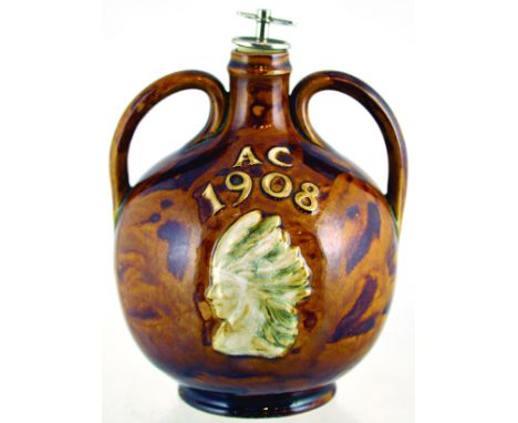 GREENLEES BROTHERS WHISKY JUG. 7ins tall, artware style jug, streaky brown glaze, globular shape, twin handles A C 1908 in wh