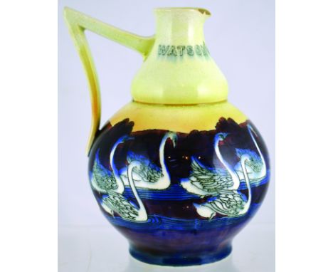 WATSONS WHISKY JUG. (WG pg 201) 7.5ins tall, unusual pastello jug Art Deco style, swans pictured on blue/ purple ground WATSO