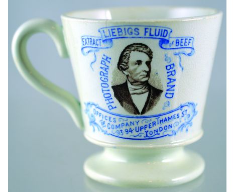 LIEBIGS ADVERTISING MUG. 3.25ins tall, white glaze with blue transfer extract LIEBIGS FLUID BEEF/ PHOTOGRAPH/ BRAND/ OFFICES 