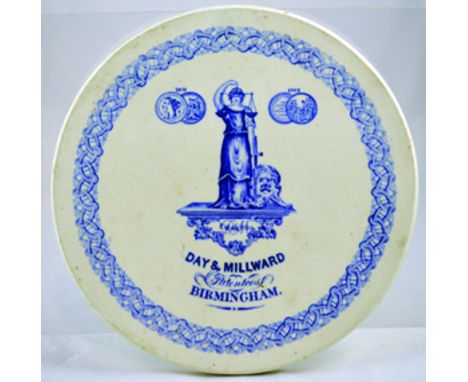 DAY & MILLWARD WEIGHT SCALES CERAMIC PLATE. 10ins diam, white glaze, blue transfer DAY & MILLWARD/ PATENTEES/ BIRMINGHAM. Lad