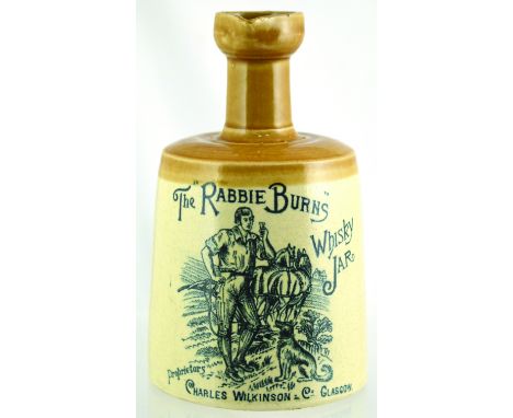 RABBIE BURNS WHISKY JUG. (WG pg 211) 7.5ins tall, tan neck with pouring lip, rear handle, black pictorial transfer farmer wit