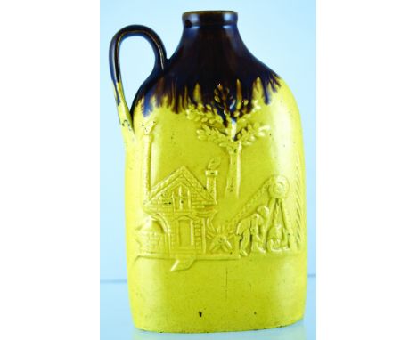 HANDLED FLASK. 7.25ins tall, brown neck &amp; top of handle, lower cream glaze pit head mining scene in relief one side, buil