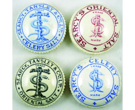 SEARCY TANSLEY BUTTON POT LID GROUP. Largest 2ins diam, all with ribbed lower sides. 2 CELERY SALT - one blue print, other bl