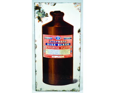 STEPHENS INKS ENAMEL SIGN. 12 by 6ins, coloured image of labelled bulk ink in bottle STEPHENS/ BLUE BLACK WRITING FLUID. oute