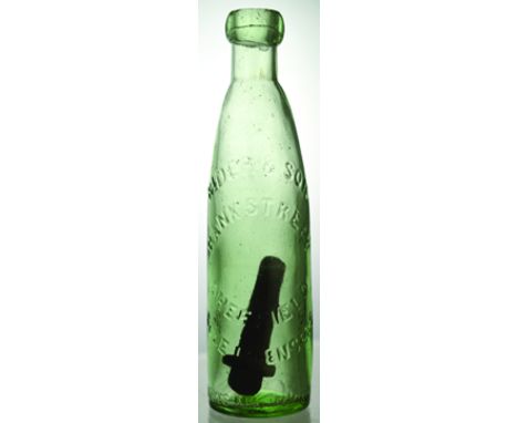 SHEFFIELD BARRETT & ELERS PATENT BOTTLE. 7.75ins tall, aqua glass embossed RIDER & SON/ BANKS STREET/ SHEFFIELD SOLE LICENSEE