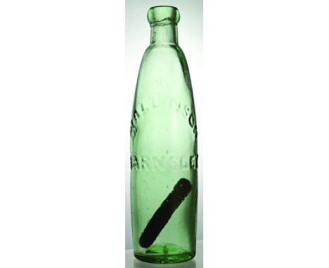 BARNSLEY BARRETT & ELERS PATENT BOTTLE. 9.25ins tall, aqua glass embossed boldly/ simply MALLINSON/ BARNSLEY with stick stopp