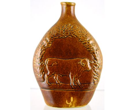 SALT GLAZE FLASK. 7.75ins tall, brown salt glaze flask with bull in relief to one side, hunting dog to the other. Good. (10/1