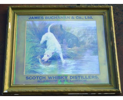 JAMES BUCHANAN &amp; CO COLOURED FRAMED ADVERT. 28.5 by 24.5ins, two hunting dogs one with otter in jaws by riverside. Titled