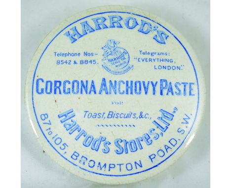 HARRODS ANCHOVY PASTE POT LID. 3.7ins diam, mid blue transfer featuring name, type, telephone number, address etc. & the fami