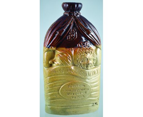 MR &amp; MRS CAUDLE REFORM FLASK. 8.25ins tall, brown top lower tan salt glaze, round shouldered flask MR &amp; MRS CAUDLE in