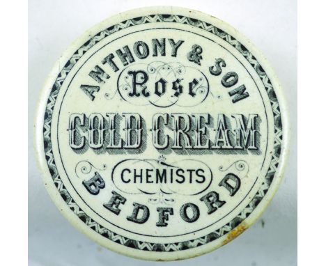 BEDFORD ROSE COLD CREAM POT LID. 2.9ins diam, ANTHONY & SON/ CHEMISTS black transferred lid with considerable  font variation