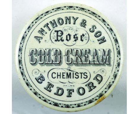 BEDFORD ROSE COLD CREAM POT LID. 2.9ins diam, ANTHONY & SON/ CHEMISTS black transferred lid with considerable  font variation