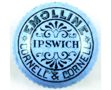 IPSWICH BUTTON POT LID. 1.7ins diam, blue body with black print. EMOLLINE/ CORNELL & CORNELL with decorative scrolls & 2 bord