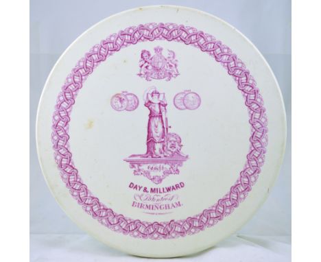 DAY & MILLWARD WEIGHT SCALES CERAMIC PLATE. 12ins diam, white glaze, pink transfer DAY & MILLWARD/ PATENTEES/ BIRMINGHAM. Lad