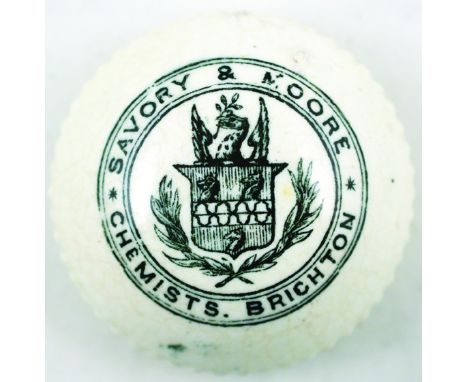 BRIGHTON BUTTON POT LID. 1.9ins diam, strong black transfer SAVOURY & MOORE/ CHEMISTS BRIGHTON within 2 black borders & detai