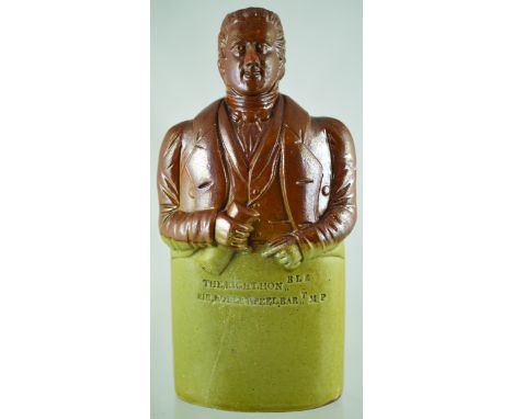 SIR ROBERT PEEL REFORM FLASK. 8.75ins tall, brown top, lower grey/ green glaze. Top half Sir Robert Peel torso holding scroll