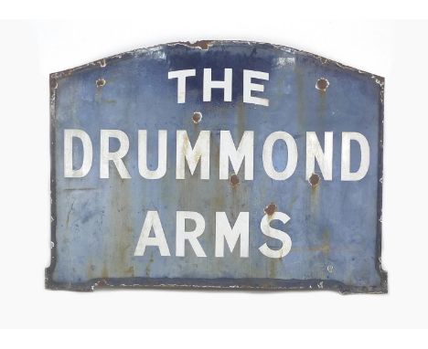 A vintage enamel sign, of arched rectangular form, blue with white lettering 'The Drummond Arms', 132 by 100cm.