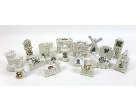 A collection of crested china depicting landmarks and buildings, including an Arcadia Windsor Castle and Marble Arch, a Shell